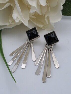 Black Stone & Sterling Silver Waterfall Silhouette Southwestern Style Earrings